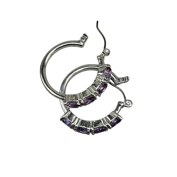 Lavender Crystal Hoop Earrings Latch Closure Silver Tone Purple Rough Stones - Picture 6 of 9